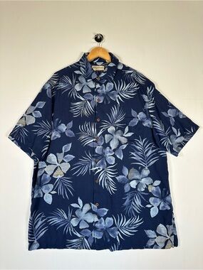 Caribbean Navy Floral Camp Shirt Silk Blend Hawaiian Relaxed Fit